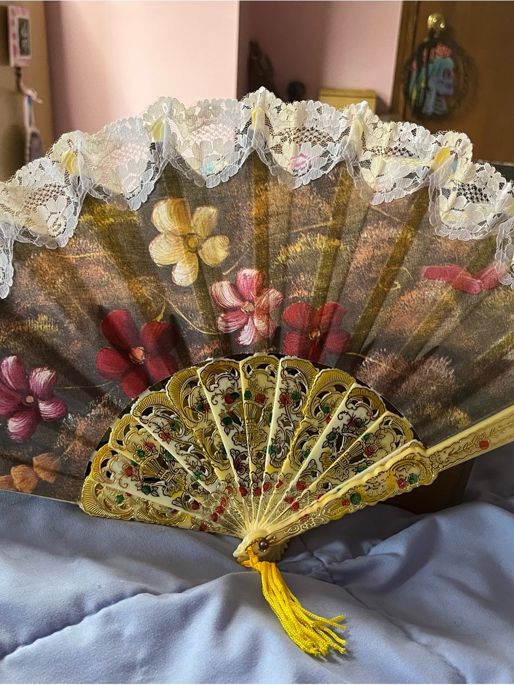 2 Vintage Floral Lace Fan in Gold and Brown/ One Wooden Fan